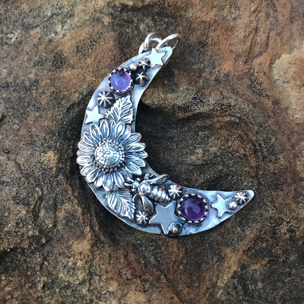 ❌SOLD❌Sunflower Moon Stars Pendant Amethyst Stones